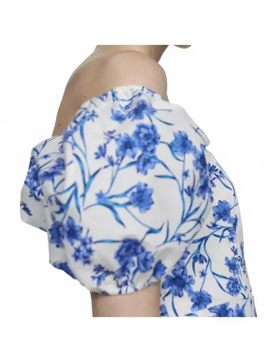 Mango Cotton Balloon-Sleeve Floral Printed Mini Dress Blue White NWT 4 / Small - Picture 5 of 6